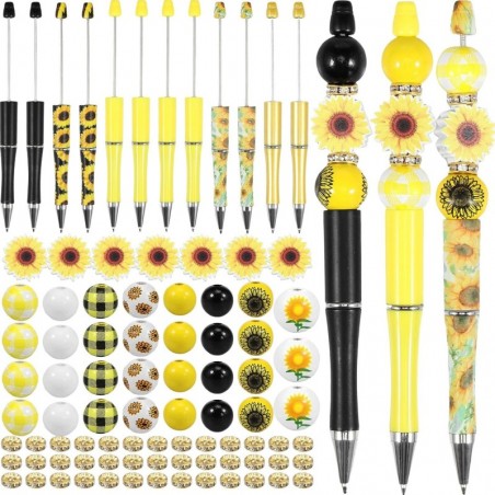 LYDODOKA 12 Sets Perlenstifte aus Kunststoff, DIY-Stifte-Bastelset, verschiedene Perlenstifte, Holzperlen, Kristall-Abstandsperlen, Kugelschreiber mit schwarzer Tinte, Sonnenblumenstift für Frauen, Studenten, Basteln, Büro, Schule, Geschenke