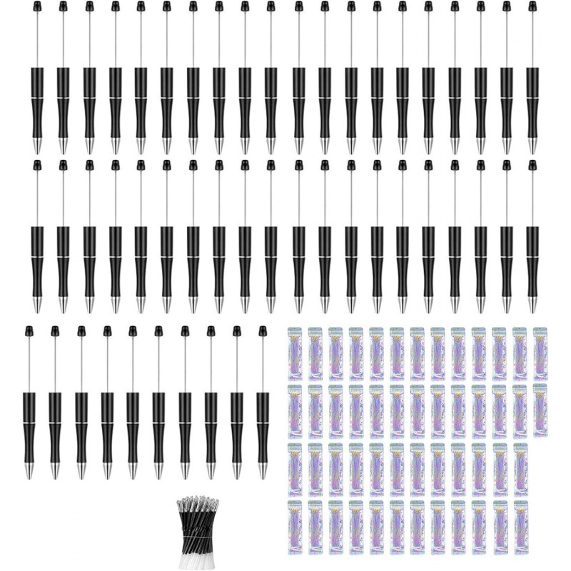 150-teiliges Perlenstifte-Set, Kugelschreiber mit Kunststoffperlen in Großpackung, Perlenstifte mit schwarzer Tinte zum Selbermachen, als Geschenk für Schüler (50 Perlenstifte in Großpackung + 50 Tintennachfüllungen + 50 versiegelte Beutel)