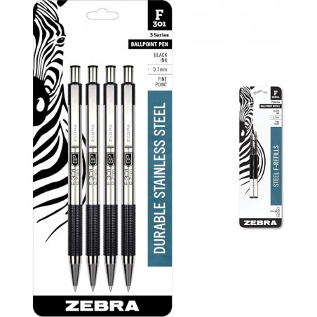 Zebra Pen F-301 Druckkugelschreiber, Edelstahlgehäuse, feine Spitze, 0,7 mm, schwarze Tinte, 4er-Pack (Verpackung kann variieren) und Zebra®-Kugelschreiber-F-Minen für F-301-, F-301 Ultra- und 301 A-Stifte