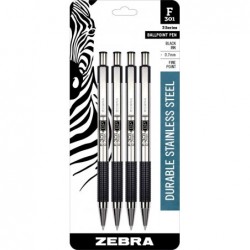 Zebra Pen F-301 Druckkugelschreiber, Edelstahlgehäuse, feine Spitze, 0,7 mm, schwarze Tinte, 4er-Pack (Verpackung kann variieren) und Zebra®-Kugelschreiber-F-Minen für F-301-, F-301 Ultra- und 301 A-Stifte