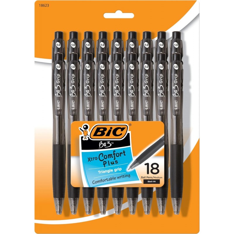 BIC BU3 Grip RT Kugelschreiber, mittlere Spitze, 1,0 mm, transparenter Schaft, schwarze Tinte, Packung mit 18 Stiften