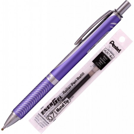 Pentel Energel Alloy RT Gelstift, Kugelschreiber mit mittlerer Spitze und Metallspitze, schwarze Tinte + Mine (violetter Körper)