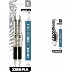 Zebra Pen F-402 Druckkugelschreiber, Edelstahlschaft, feine Spitze, 0,7 mm, schwarze Tinte, 2er-Pack & F-Minen für F-301-, F-301 Ultra- und 301 A-Stifte, feine Spitze, 0,7 mm, schwarz