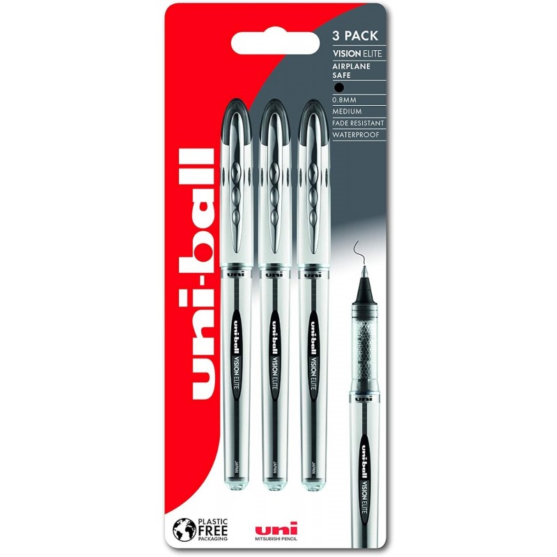 uni-ball UB-200 Vision Elite Tintenroller. Hochwertiger mittlerer 0,8-mm-Kugelschreiber für superweiches Schreiben, Zeichnen, Kunst und Malen. Farb- und wasserfeste flüssige Uni Super-Tinte. 3er-Pack, Schwarz