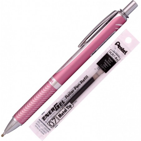 Pentel Energel Alloy RT Gelstift, mittlere Spitze, Kugelschreiber mit Metallspitze, schwarze Tinte + Mine (rosa Gehäuse)