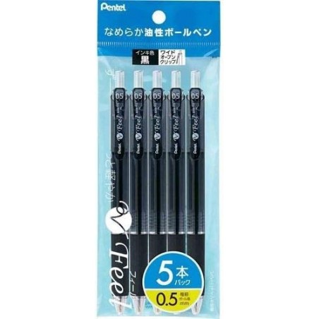 Pentel XB115-A5 Feel Kugelschreiber auf Ölbasis, 0,5, klares Schwarz, 5er-Pack