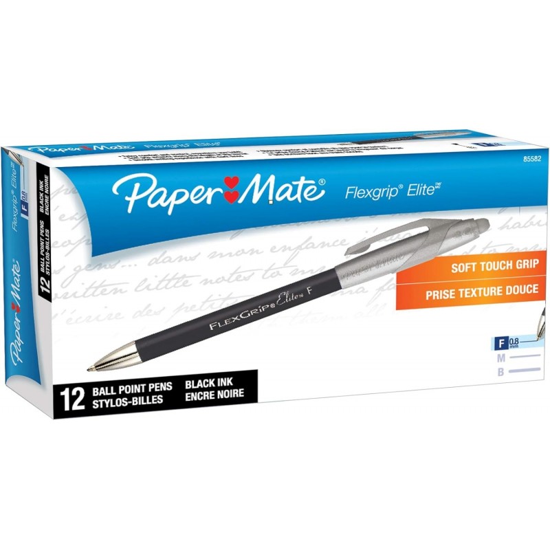 Paper Mate 85582 FlexGrip Elite Druckkugelschreiber, feine Spitze, schwarz, 12 Stück