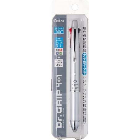 PILOT Dr. Grip 4+1, 4-farbiger 0,7-mm-Kugelschreiber und 0,5-mm-Druckbleistift – silbernes Gehäuse (BKHDF1SFN-S)