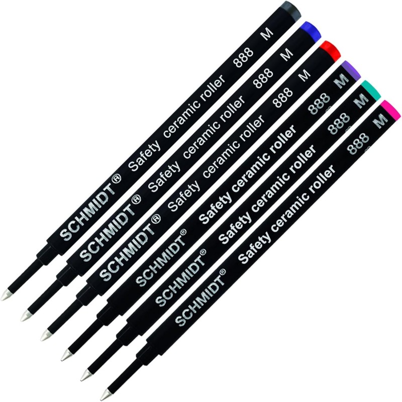 Schmidt 888 M Sicherheits-Tintenrollermine aus Keramik, schwarze, blaue, rote, violette, türkise und magentafarbene Tinte (mittlere Spitze, 0,7 mm), 6er-Pack