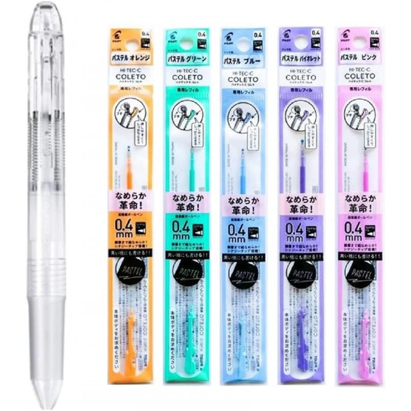 Pilot Hi-Tec-C Coleto Gel-Tintenstift, 0,4 mm, 5-in-1, transparentes Gehäuse und 5 Pastellfarben-Minen im Set mit originalem Stylus-Kugelschreiber