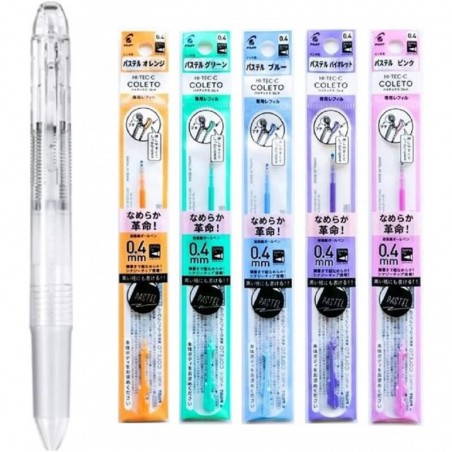 Pilot Hi-Tec-C Coleto Gel-Tintenstift, 0,4 mm, 5-in-1, transparentes Gehäuse und 5 Pastellfarben-Minen im Set mit originalem Stylus-Kugelschreiber