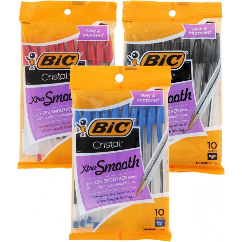 BIC Cristal Stic Kugelschreiber, 1,0 mm, mittlere Spitze, blaue, schwarze und rote Tinte, 30er-Pack