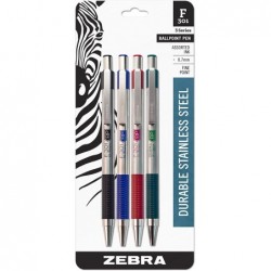 Zebra-Stift. F-301 Kugelschreiber aus Edelstahl, einziehbar, feine Spitze, 0,7 mm, verschiedene Tinten, 4 Stück: Schwarz, Blau, Grün, Rot