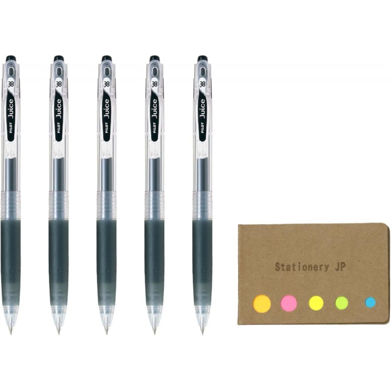 Pilot Juice 038 Gel-Tintenstift mit Druckfunktion, ultrafeine Spitze, 0,38 mm, schwarze Tinte, 5er-Pack, Haftnotizen-Vorteilsset