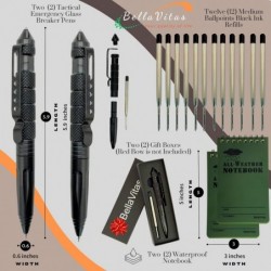 Militärischer taktischer Stift, Notfall-Glasbrecher-Stift, taktischer EDC-Stift, Multitool-Stift, Stift aus Wolframstahl, dicker Schreibstift, 12 Kugelschreiberminen, 2 wasserdichte Notizbücher (2er-Pack)