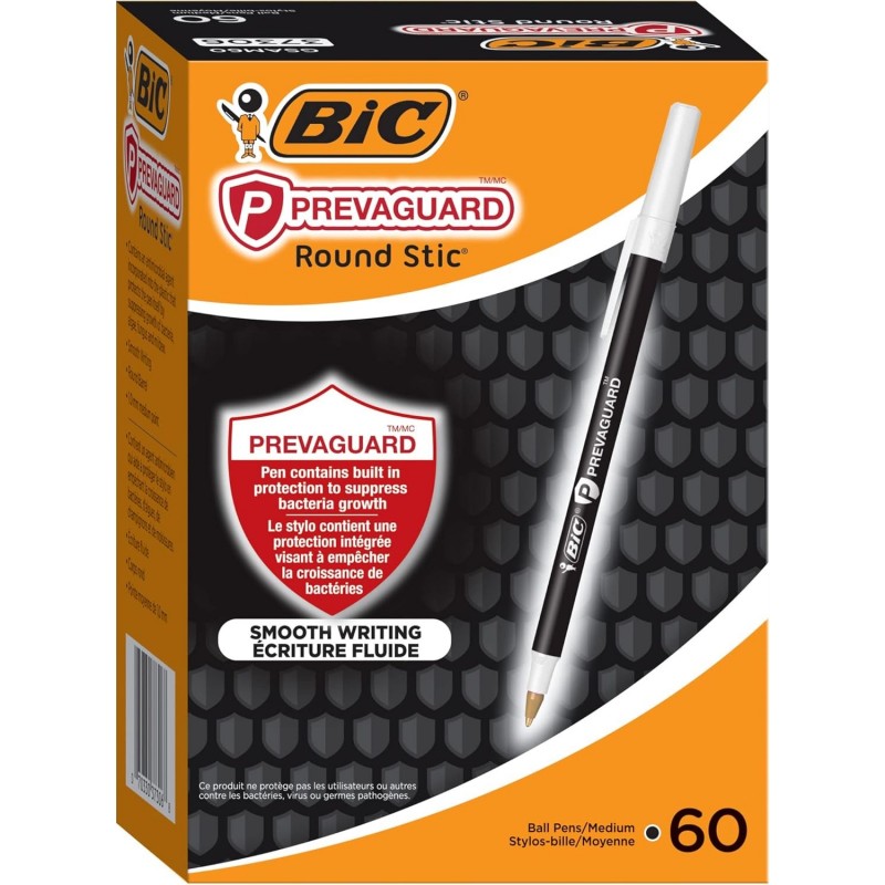 BIC Prevaguard Round Stic Pens, mittlere Spitze, 1,0 mm, schwarzer Schaft, schwarze Tinte, Packung mit 60 Stiften