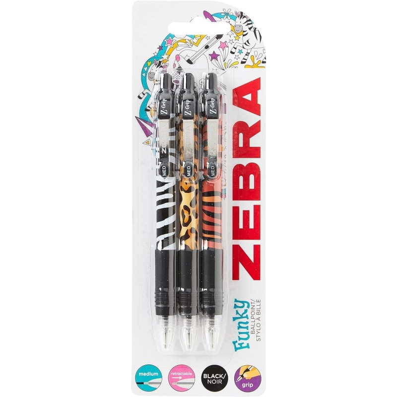 Zebra Pen Z Grip, schwarze Kugelschreiber, glatte und ausgefallene Kugelschreiber mit Taschenclip, einziehbare Kugelschreiber mit schwarzer Tinte, zuverlässiges schwarzes Kugelschreiber-Multipack – Tierdesign, 3er-Pack, Verpackung kann variieren