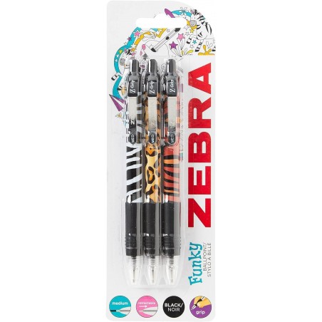 Zebra Pen Z Grip, schwarze Kugelschreiber, glatte und ausgefallene Kugelschreiber mit Taschenclip, einziehbare Kugelschreiber mit schwarzer Tinte, zuverlässiges schwarzes Kugelschreiber-Multipack – Tierdesign, 3er-Pack, Verpackung kann variieren