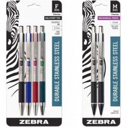 Zebra Pen F-301 Druckkugelschreiber, Edelstahlschaft, feine Spitze, 0,7 mm, verschiedene Tinten, 4er-Pack & M-301 Druckbleistift, Edelstahlschaft, feine Spitze, 0,5 mm, schwarzer Griff, 2er-Pack