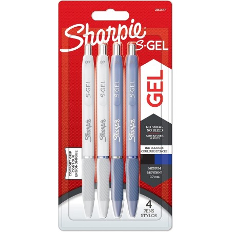 Sharpie S-Gel | Gelstifte | Mittlere Spitze (0,7 mm) | Frostblaue und weiße Perlmutt-Schäfte | Schwarze und blaue Tinte | 4 Stück