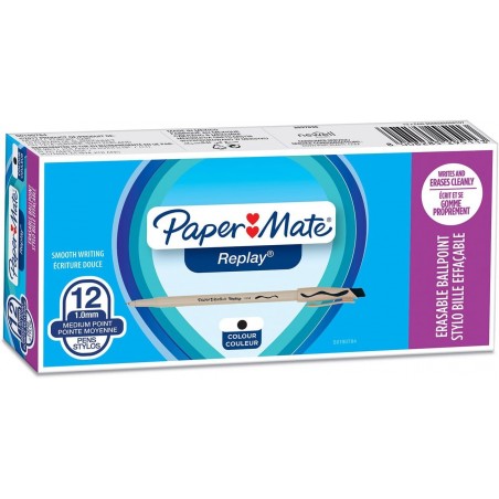 Radierbarer Kugelschreiber Paper Mate Replay | Mittlere Spitze (1,0 mm) | Schwarz | 12 Stück