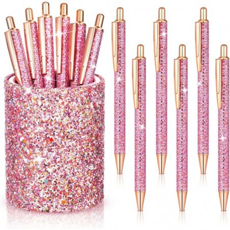 Glitzernder Pailletten-Stiftehalter mit 6 Pailletten-Klickstiften, süße Pailletten-Glitzer-Kugelschreiber, einziehbare Stifte, Bleistiftbecher für Schreibtisch-Organizer, Make-up-Pinselhalter für Frauen, Mädchen, Klassenzimmer, Büros (Pink)