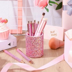 Glitzernder Pailletten-Stiftehalter mit 6 Pailletten-Klickstiften, süße Pailletten-Glitzer-Kugelschreiber, einziehbare Stifte, Bleistiftbecher für Schreibtisch-Organizer, Make-up-Pinselhalter für Frauen, Mädchen, Klassenzimmer, Büros (Pink)