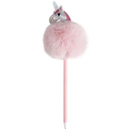 Pompon-Stift mit magischem Einhorn-Motiv – süße, rosafarbene, 5,5 Zoll große, weiche, flauschige Pompons mit holografischem Einhornkopf als Aufsatz. Mittlerer Kugelschreiber, 0,7 mm, schwarze Tinte, modischer Stift mit Bonus (Würfel-Radiergummi)