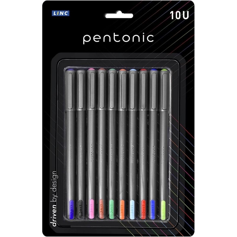 Pentonic-Kugelschreiber-Blisterpackung | 0,7 mm Spitzengröße | Sanftes Schreiben, glattes mattes Finish | Für Schule und Büro | Schwarzer Schaft, mehrfarbige Tinte, 10er-Packung