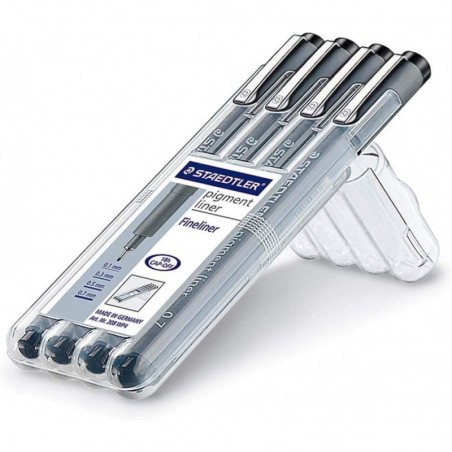 STAEDTLER 308 WP4 Pigment Liner Stifte mit verschiedenen Strichbreiten, Schwarz (4er-Set)