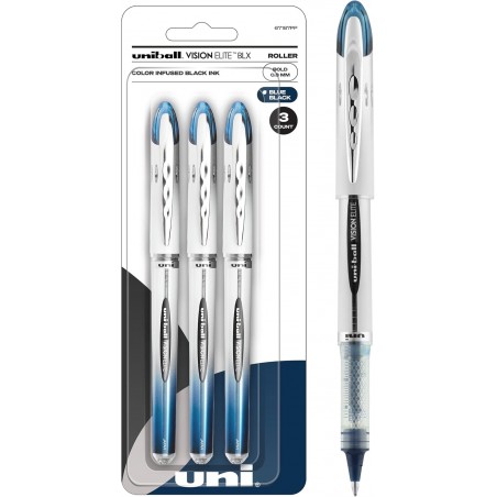 Uni-Ball Vision Elite BLX Tintenroller, blau/schwarze Stifte, 3er-Pack, kräftige Stifte mit 0,8-mm-Tinte, schwarzer Tintenstift, Stifte mit feiner Spitze und sanftem Schreibgefühl, Stifte in Großpackung und Bürobedarf