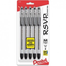 Pentel® RSVP® Kugelschreiber, mittlere Spitze, 1,0 mm, transparenter Schaft, schwarze Tinte, 5er-Pack