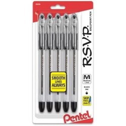 Pentel® RSVP® Kugelschreiber, mittlere Spitze, 1,0 mm, transparenter Schaft, schwarze Tinte, 5er-Pack