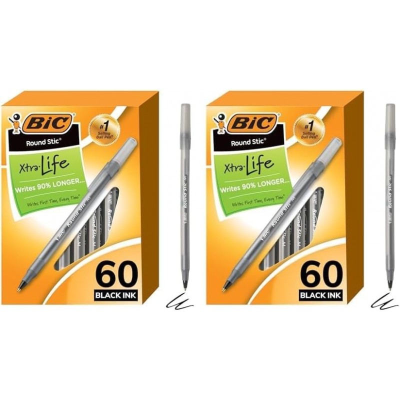 BIC Round Stic Xtra Life Kugelschreiber, mittlere Spitze (1,0 mm), schwarz, 60er-Packung, flexibler runder Schaft für Schreibkomfort (GSM609-BLK) (2er-Pack)