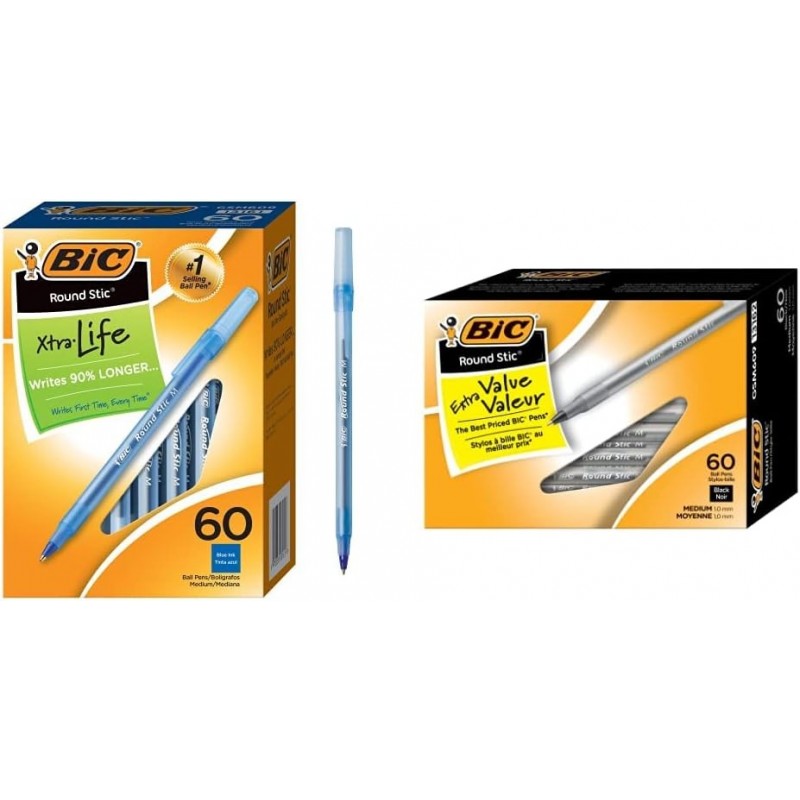 BIC Round Stic Xtra Life Kugelschreiber, mittlere Spitze (1,0 mm), Schwarz, 60 Stück und Round Stic Xtra Life Kugelschreiber, mittlere Spitze (1,0 mm), Blau, 60 Stück