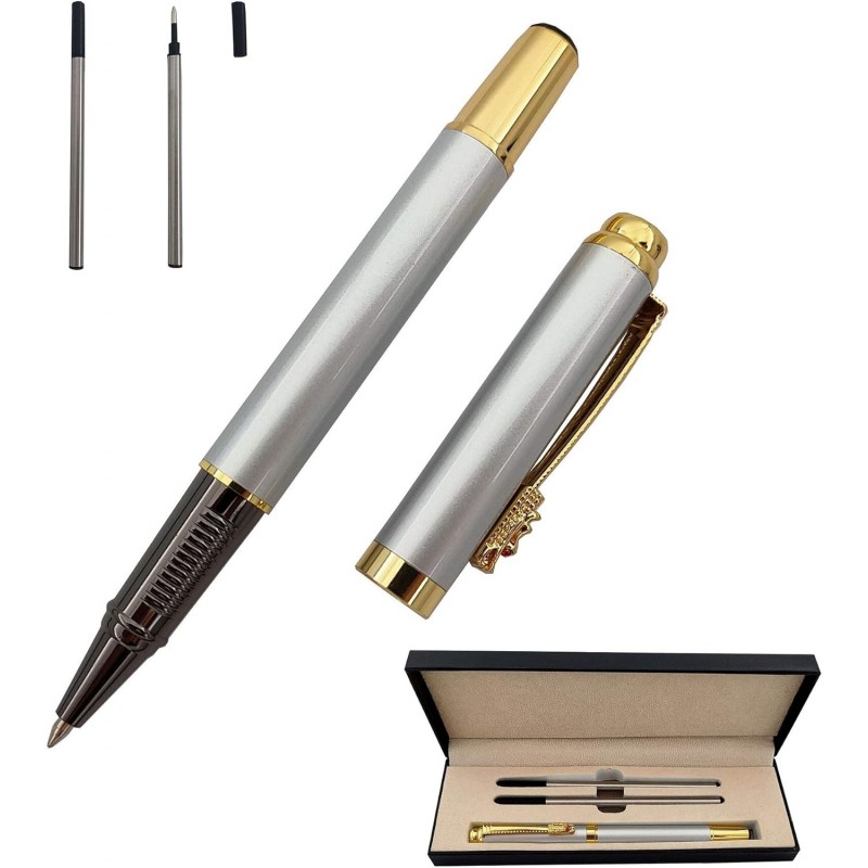 Kugelschreiber, hochwertiger Business-Signatur-Stift, Metall-Stiftclip, Tintenroller mit schwarzer Tinte und zwei 0,5-mm-Ersatzminen, Geschenkstift, Premium-Geschenkbox (Silber)