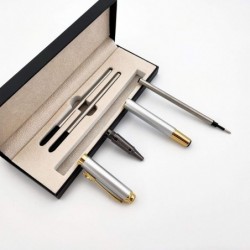 Kugelschreiber, hochwertiger Business-Signatur-Stift, Metall-Stiftclip, Tintenroller mit schwarzer Tinte und zwei 0,5-mm-Ersatzminen, Geschenkstift, Premium-Geschenkbox (Silber)