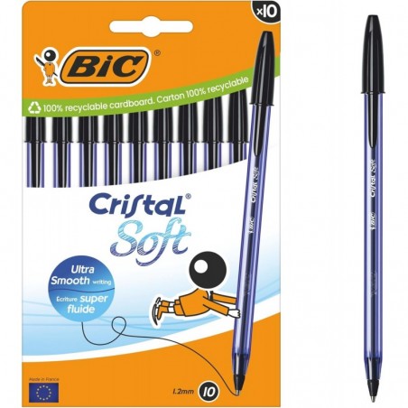 Bic Cristal Soft Kugelschreiber, mittlere Spitze (1,2 mm), mit Easy-Glide-Tinte, Schwarz, Schachtel mit 10 Stück