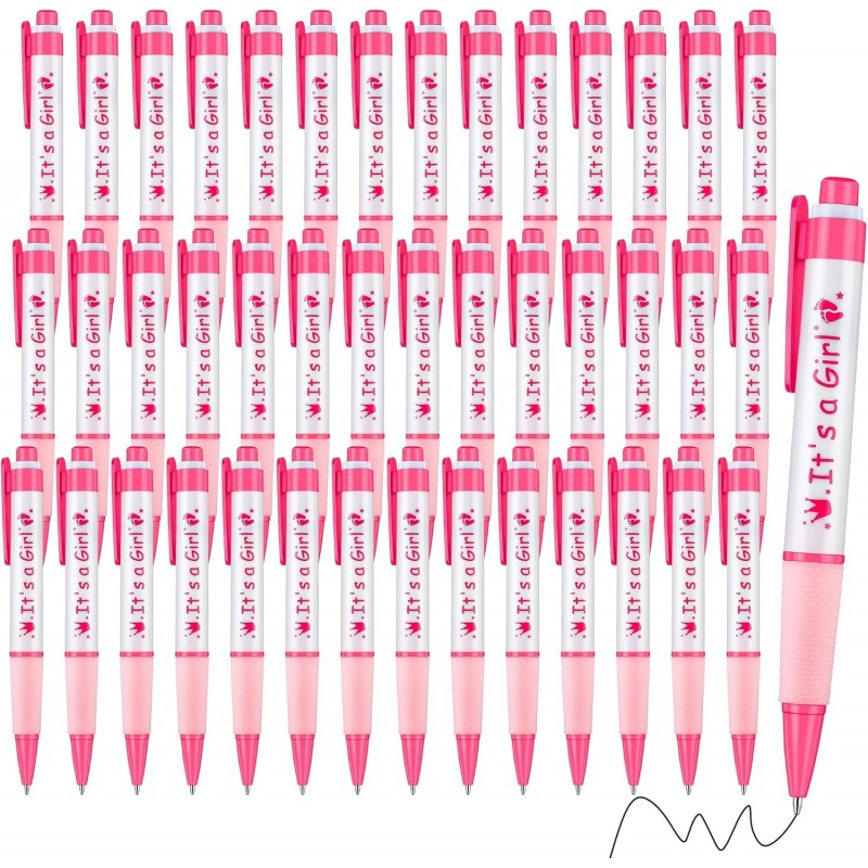 Aodaer 48 Stück „It's a Girl“-Babyparty-Kugelschreiber, rosa, einziehbarer Gelstift mit weichem Griff, Babyparty-Stifte für Mädchen, bequemer schwarzer Tintenstift für Babyparty-Gastgeschenke, Party-Geschenke für Gäste