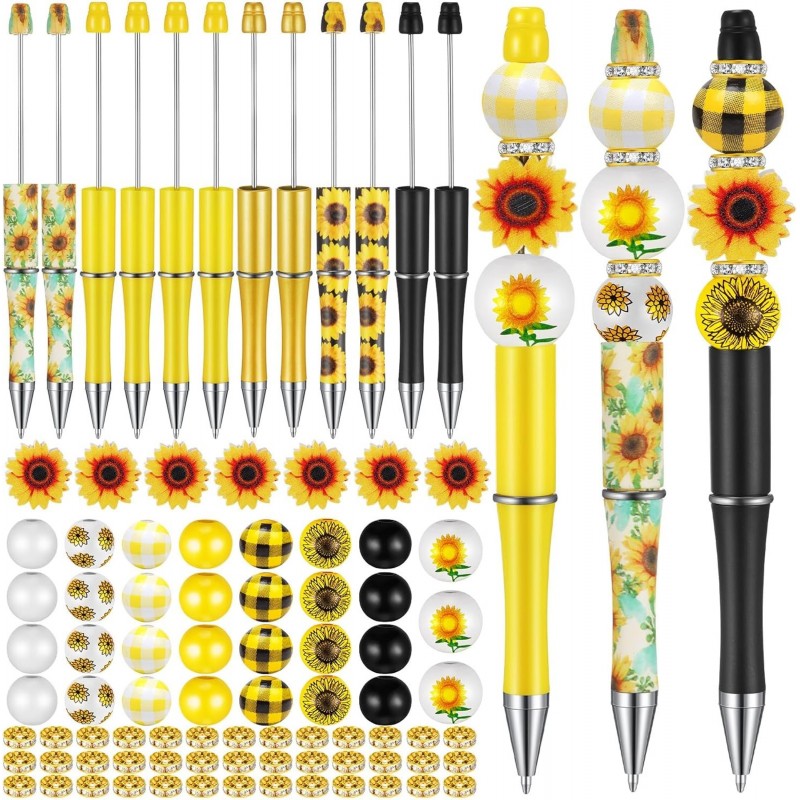 12er-Set Perlenstifte aus Kunststoff, verschiedene Perlenstifte, Holzperlen, Kristall-Abstandsperlen-Set, runde Perlen, Kugelschreiber mit schwarzer Tinte, DIY-Perlenstift-Set für Frauen, Kinder, Geschenke, Schul- und Bürobedarf (Sonnenblume)