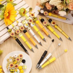 12er-Set Perlenstifte aus Kunststoff, verschiedene Perlenstifte, Holzperlen, Kristall-Abstandsperlen-Set, runde Perlen, Kugelschreiber mit schwarzer Tinte, DIY-Perlenstift-Set für Frauen, Kinder, Geschenke, Schul- und Bürobedarf (Sonnenblume)