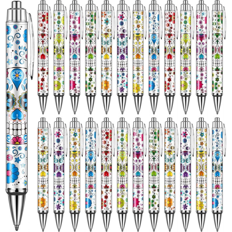 24 Stück Zuckerschädel-Stifte, Halloween-Stifte, Duft-Kugelschreiber, einziehbarer Tag der Toten-Totenkopf-Stift, Klick-Kugelschreiber, schwarze Tinte, Spitze 1,0 mm, für Büro, Schule, Lehrer, Schüler, Zuckerschädel-Geschenke