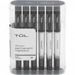 TUL® Permanentmarker, feine Spitze, silberner Schaft, schwarze Tinte, Packung mit 12 Markern