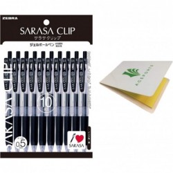 Zebra Sarasa Clip 0.5, 10er-Pack schwarze Stifte (P-JJ15-BK10) – Druckclip-Kugelschreiber mit High Speed Dry Ink-Technologie, mit Original-Haftnotizen-Vorteilsset