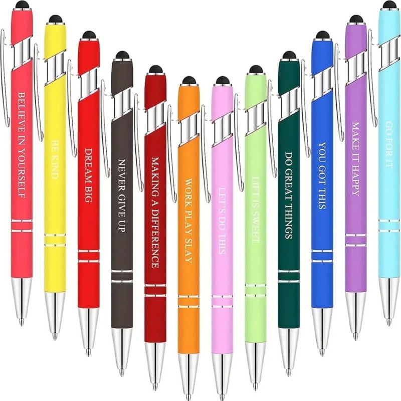 12 Stück Kugelschreiber mit inspirierenden Zitaten für Bürobildschirme, Touch-Stylus-Spitzen für motivierende Stifte mit schwarzer Tinte (mehrfarbig, 12 Stück)