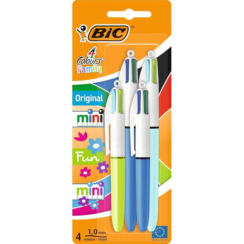 Bic 4 Colours Family Pen Pack Druckkugelschreiber mit vier Tintenfarben, 4er Set (2 Mini, 2 Original)