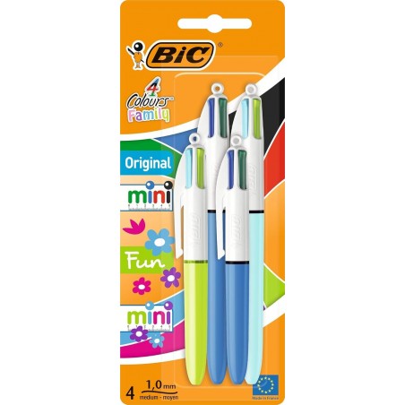 Bic 4 Colours Family Pen Pack Druckkugelschreiber mit vier Tintenfarben, 4er Set (2 Mini, 2 Original)