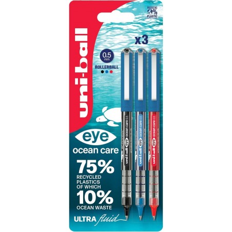 uni-ball Eye Ocean Care UB-150ROP Tintenroller. Mikro-Kugelschreiberspitze 0,5 mm für sanftes Schreiben, Zeichnen, Kunst und Malen. Farb- und wasserfeste flüssige Uni Super-Tinte. 3er-Pack Schwarz, Blau, Rot