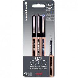 uni-ball UB-150-10 Eye On Point Stay Gold Kugelschreiber in Schwarz und Blau. Hochwertige 1,0-mm-Rollerballspitze für superweiche Handschrift. Farb- und wasserfeste flüssige Uni Super-Tinte. 3er-Pack