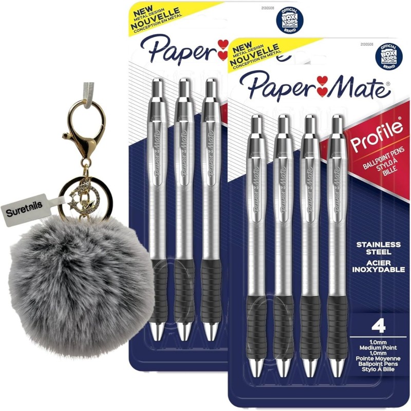 Paper Mate Paper Mate Profile Druckkugelschreiber, schwarze Kugelschreiber | Flauschiger Schlüsselanhänger mit Pompom-Bällen im Lieferumfang enthalten, 1,0 mm schwarze Tinte, Edelstahlschaft, komfortabler Griff (2er-Pack)